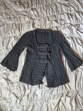 Cable-Knit Open-Front Cardigan Sweater in Charcoal Gray